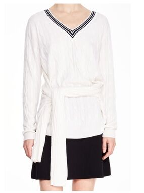 Sandro Emma Tie-Waist Cable-Knit V-Neck Wool Cashmere Ecru White Sweater Small